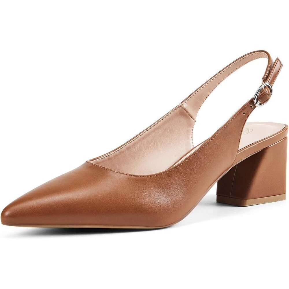 Women Slingback Brown Toe Block Heel Pump Low Heel Office Wedding Dress Shoes
